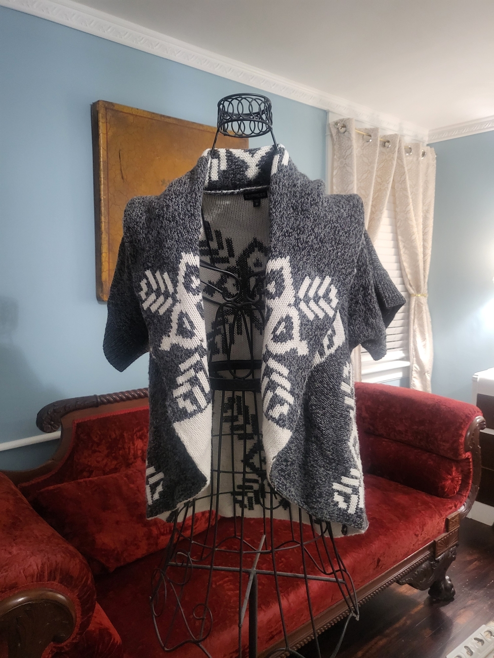 Express Aztec Geometric Short Sleeve Shawl Collar Cardigan Sweater Marled XS